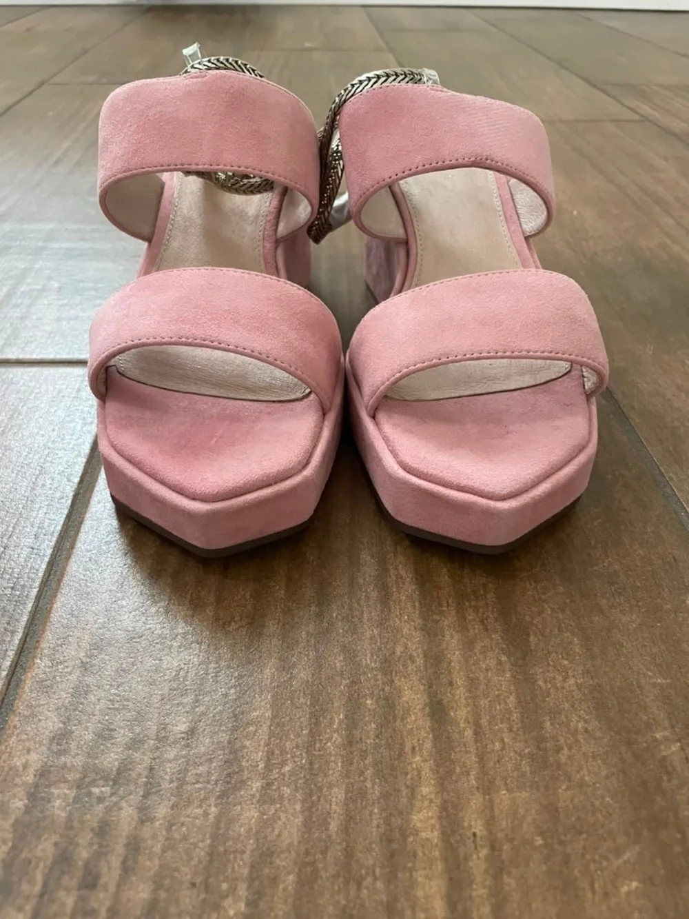 CECILIA NEW YORK Baleves Pink Suede Platform Wedge Sandals with Chain Strap